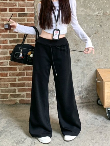 Drawstring solid color wide-leg pants for women, loose high-waisted pants, fall casual pants, floor-length pants