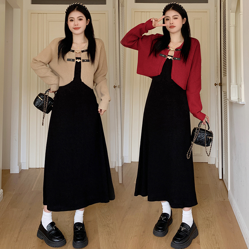 New autumn and winter knitted plus size women's clothing for fat girls, thin and elegant black coffee dress suit