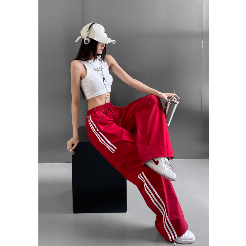 Retro three-stripes outdoor hiking overalls for women, spring and autumn wide-leg sports pants, high-waisted floor-length trousers