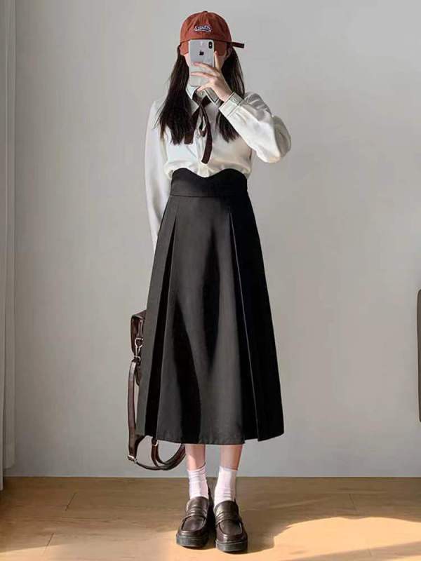 Black skirt for women plus size new style A-line short skirt high waist slimming drape mid-length hip skirt
