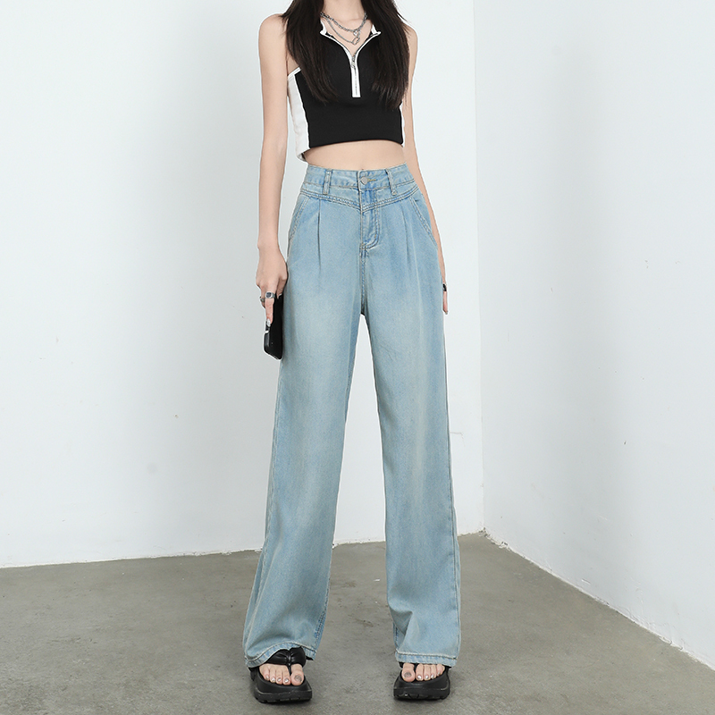 Tencel nostalgic light blue jeans women's summer thin straight wide leg ice silk pants