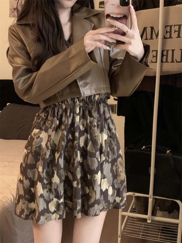 Korean style autumn motorcycle cool girl personalized leather short jacket + floral waist slimming dress for women