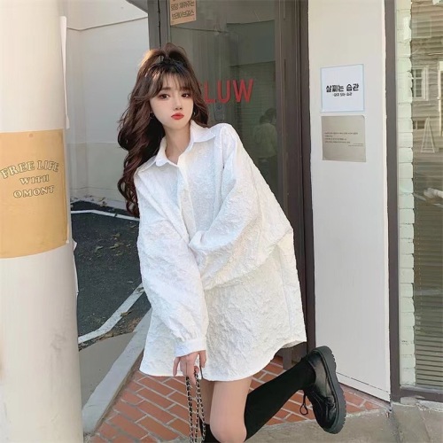 White shirt women's spring and autumn embossed pattern coat long-sleeved top