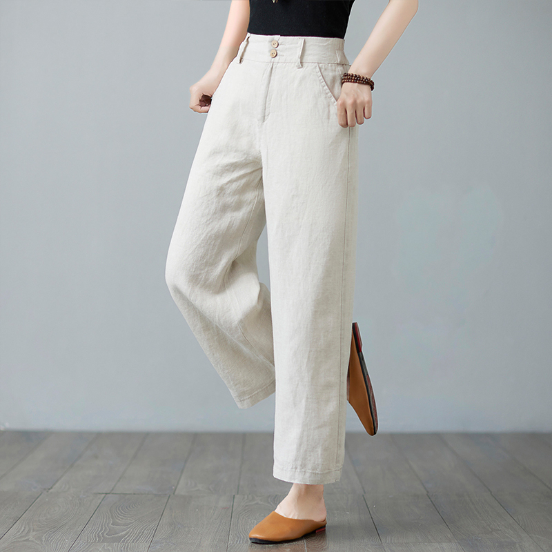 Spring and summer casual literary loose cotton and linen pants for women with drapey high-waisted straight trousers