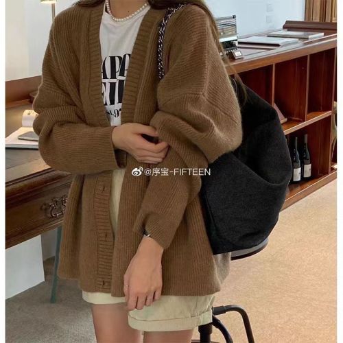 South Korea's Dongdaemun autumn and winter soft glutinous apricot knitted cardigan for women with lazy style v-neck sweater jacket