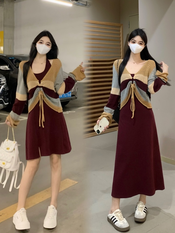 New slimming atmosphere fashionable halter neck knitted blouse dress bestie suit