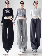 Spring and Autumn New American Retro Striped Wide Leg Sports Pants Women's High Waist Drape Light Gray Straight Sweatpants