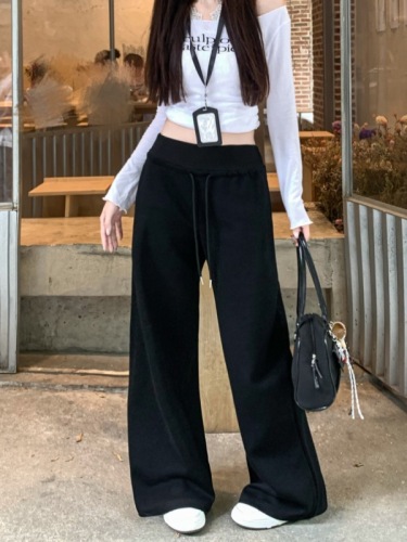 Drawstring solid color wide-leg pants for women, loose high-waisted pants, fall casual pants, floor-length pants
