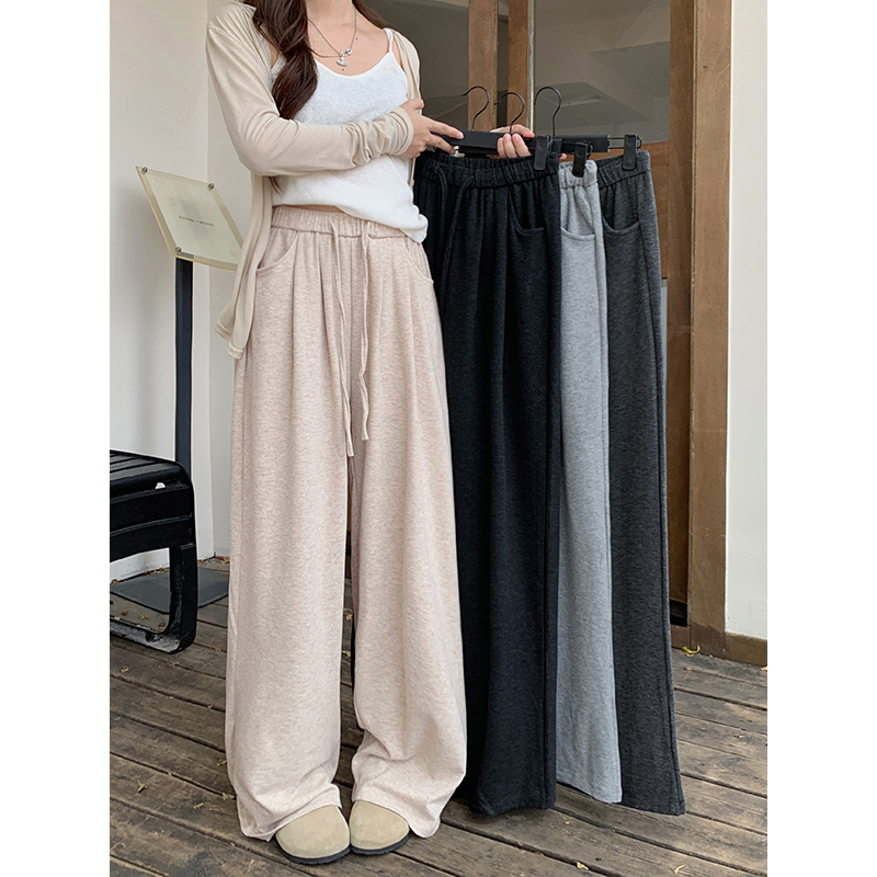 2024 New Drawstring Pinstripe Brushed Knitted Glutinous Rice Pants Slimming Loose Walking Pants Wide Leg Pants for Women
