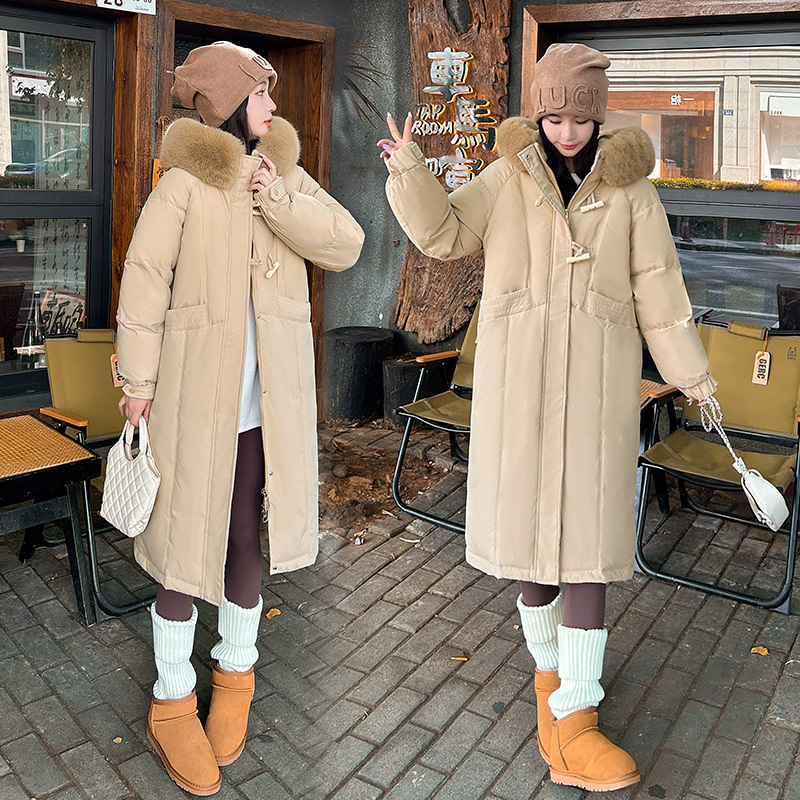 2024 Winter New Product Internet Celebrity Fashion Big Fur Collar Down Jacket Women's Long Hooded Cold-Resistant Jacket Cotton Clothing Trend