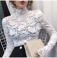 Retro high-neck slim lace shirt for women Korean style tight-fitting long-sleeved T-shirt hollow bottoming shirt autumn new style