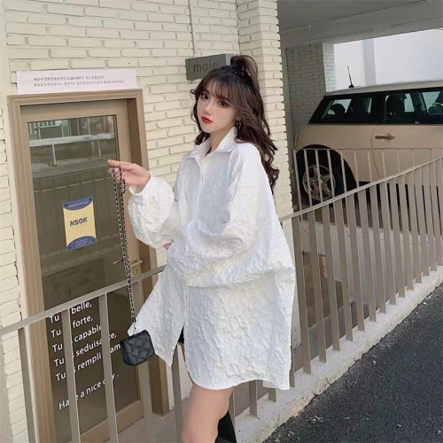 White shirt women's spring and autumn embossed pattern coat long-sleeved top