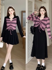 Large size fat mm fog gauze cypress slightly fat plus size women's custom autumn tie-dye design fashionable dress suit for women