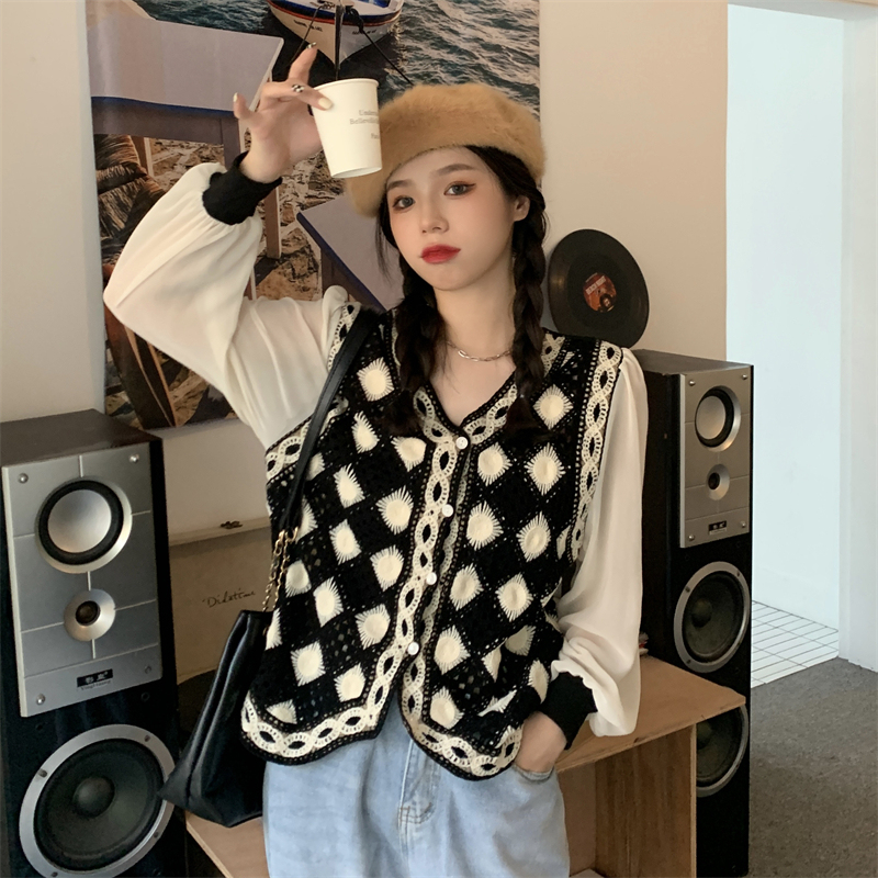 Heavy embroidery retro knitted splicing long-sleeved versatile slim cardigan small jacket