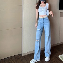 High-waisted wide-leg jeans women's summer new style 2020 loose vertical straight pants ripped holes slimming floor-length mopping pants trendy thin style in stock