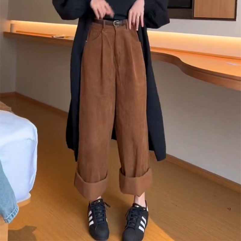 New autumn and winter corduroy pants for women, high-waisted, loose, large straight corduroy casual wide-leg pants