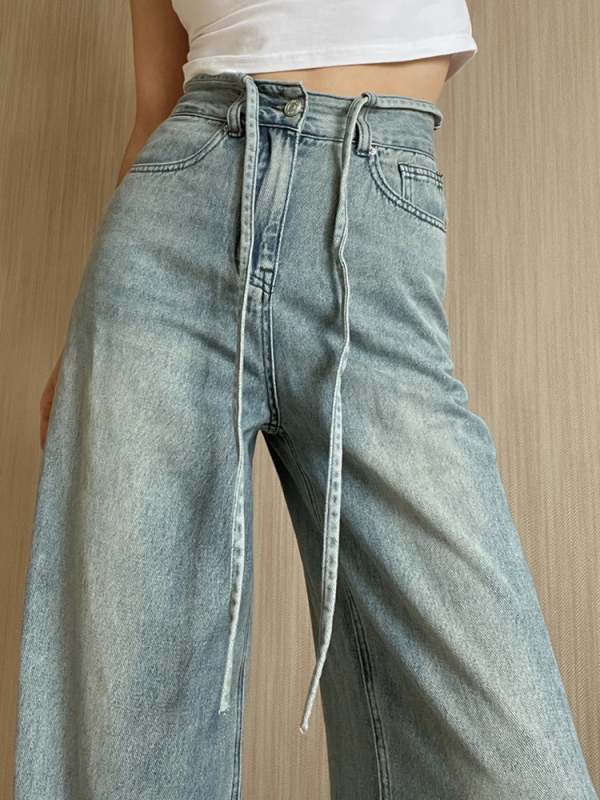 Blue straight-leg jeans for women plus size fat mm high-waisted loose slimming narrow wide-leg pear-shaped body pants