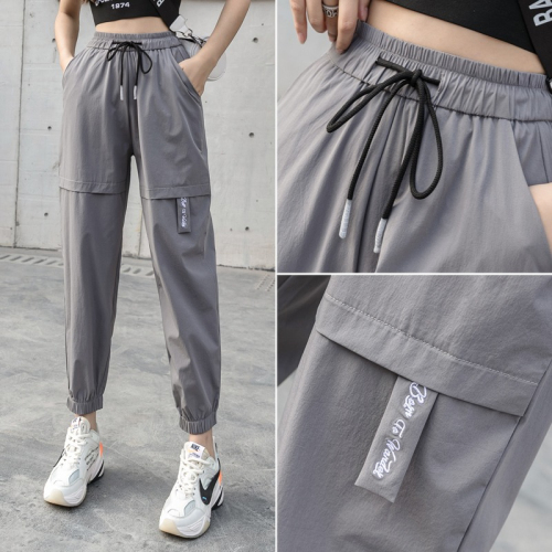 Leg-tie overalls for women, new thin section BF slimming high-waisted straight loose casual sports nine-point harem pants