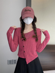 Autumn design irregular single-breasted pitted long-sleeved bottoming shirt T-shirt top