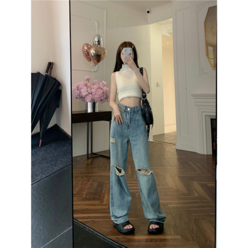 Plus size women's high waist wide leg jeans women's ripped retro straight floor mopping pants summer