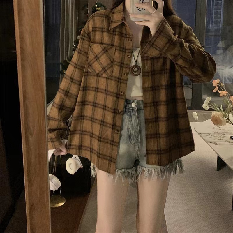 American retro plaid shirt for women autumn and winter 2024 new style loose and lazy inner shirt jacket