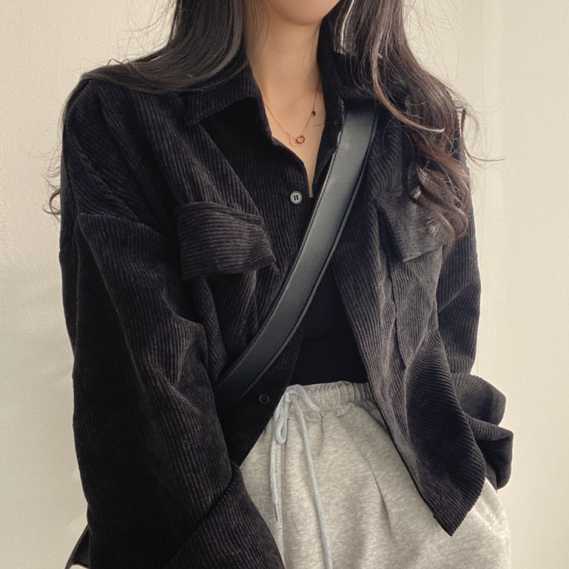 Korean chic French retro versatile single-breasted lapel corduroy shirt long-sleeved jacket for women trendy