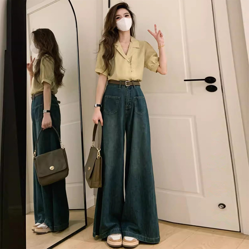 Wide-leg jeans for women in spring and autumn, high-waisted, loose, straight-leg floor-length pants, design niche, pear-shaped body pants, trendy