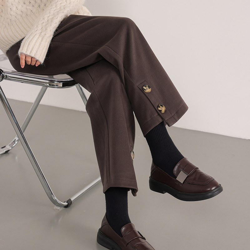 Autumn and winter brown woolen nine-point straight pants for small people, thickened, slimming, high-waisted casual wide-leg pants for women