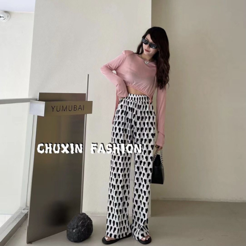 Love printed casual pants for women, trendy style, new Korean style loose wide leg pants