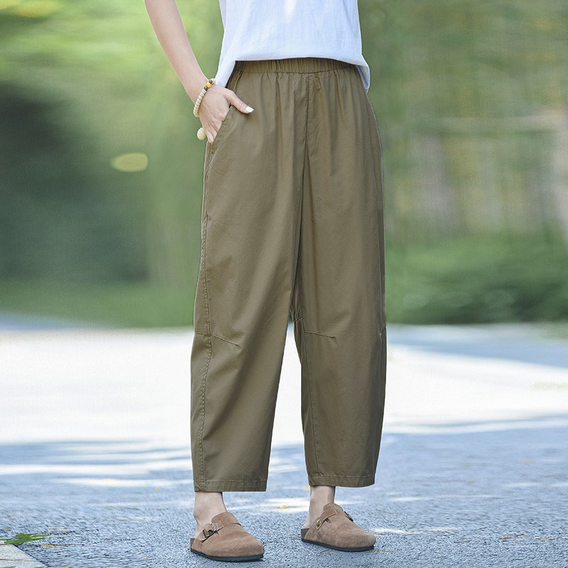 Literary Japanese women's high-density memory cotton nine-point pants with elastic waist, versatile loose casual pants, eight-point balloon pants