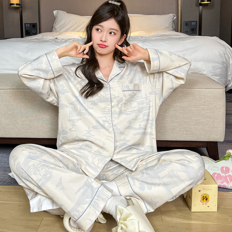 Autumn cardigan combed cotton pajamas for women 2024 new long-sleeved trousers suit lapel home wear