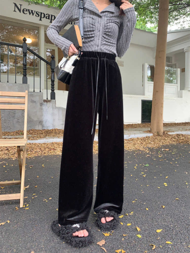 Plus size women's fat girl mm slimming velvet black casual pants slimming flesh-covering wide-leg pants for women in autumn and winter
