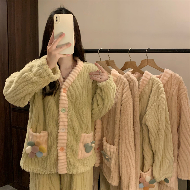 New velvet thickened lazy style rainbow button cardigan home pajamas set nightgown