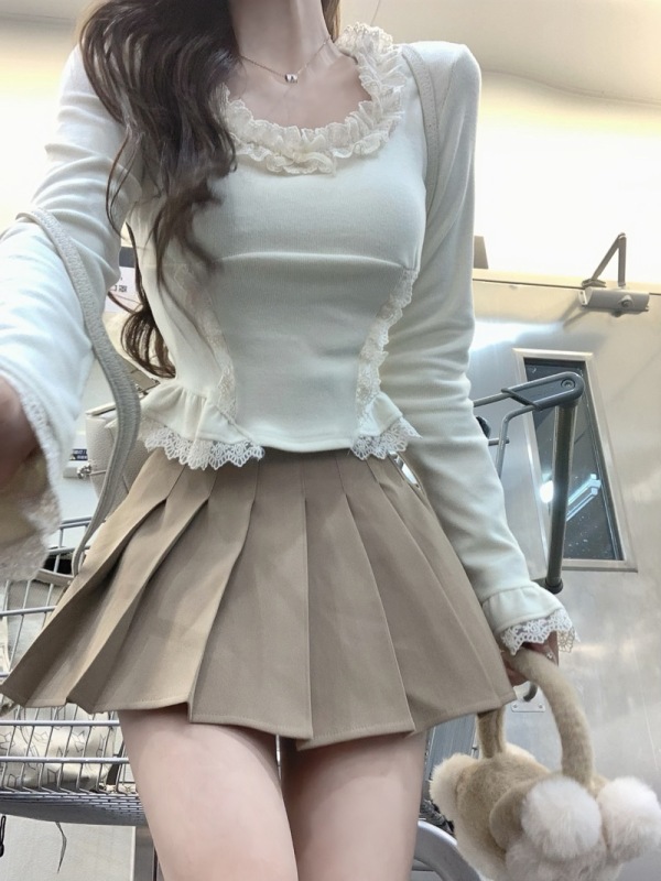 Pure Sweet Hot Girl Square Neck Top Women's Autumn and Winter Brushed Lace Bottoming Top