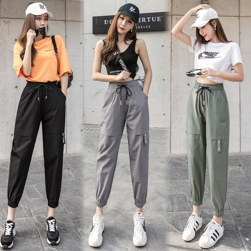 Leg-tie overalls for women, new thin section BF slimming high-waisted straight loose casual sports nine-point harem pants