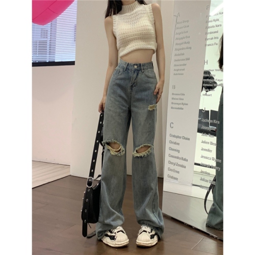 Plus size women's high waist wide leg jeans women's ripped retro straight floor mopping pants summer