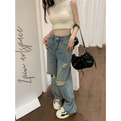 Plus size women's high waist wide leg jeans women's ripped retro straight floor mopping pants summer