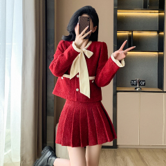 Autumn contrasting color bow small fragrant jacket + pleated skirt two-piece suit for women