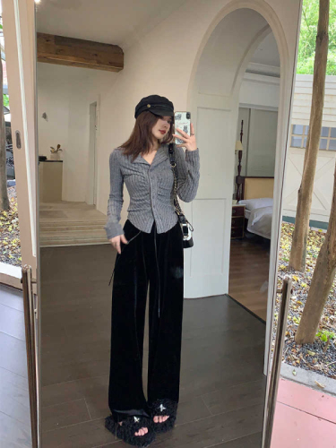 Plus size women's fat girl mm slimming velvet black casual pants slimming flesh-covering wide-leg pants for women in autumn and winter