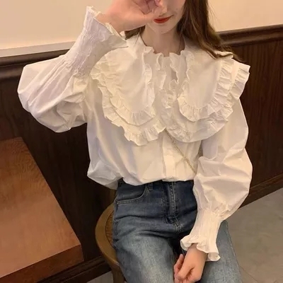 New temperament and versatile age-reducing lotus leaf collar top puff-sleeved double-layer doll collar white shirt
