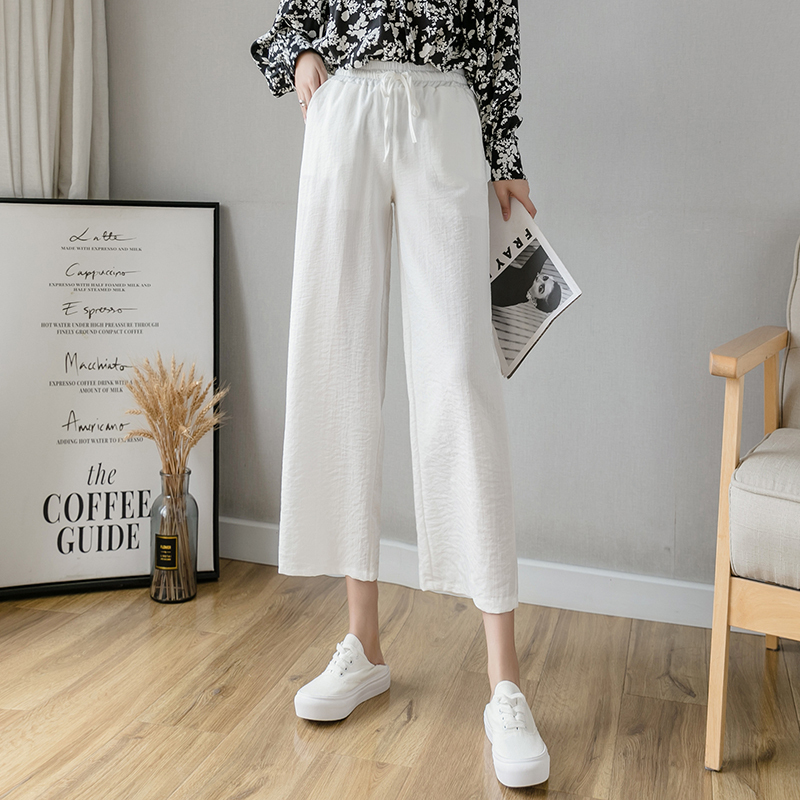 White cotton and linen wide-leg pants for women, high-waisted straight pants, spring and autumn loose casual pants, linen pants, nine-point pants, trendy