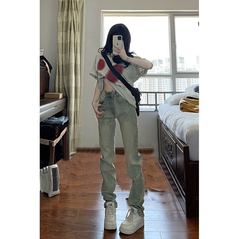 Yellow mud-dyed straight-leg jeans for women in autumn and winter, high-waisted, slimming and tall, retro American floor-sweeping pants, ins high street trend