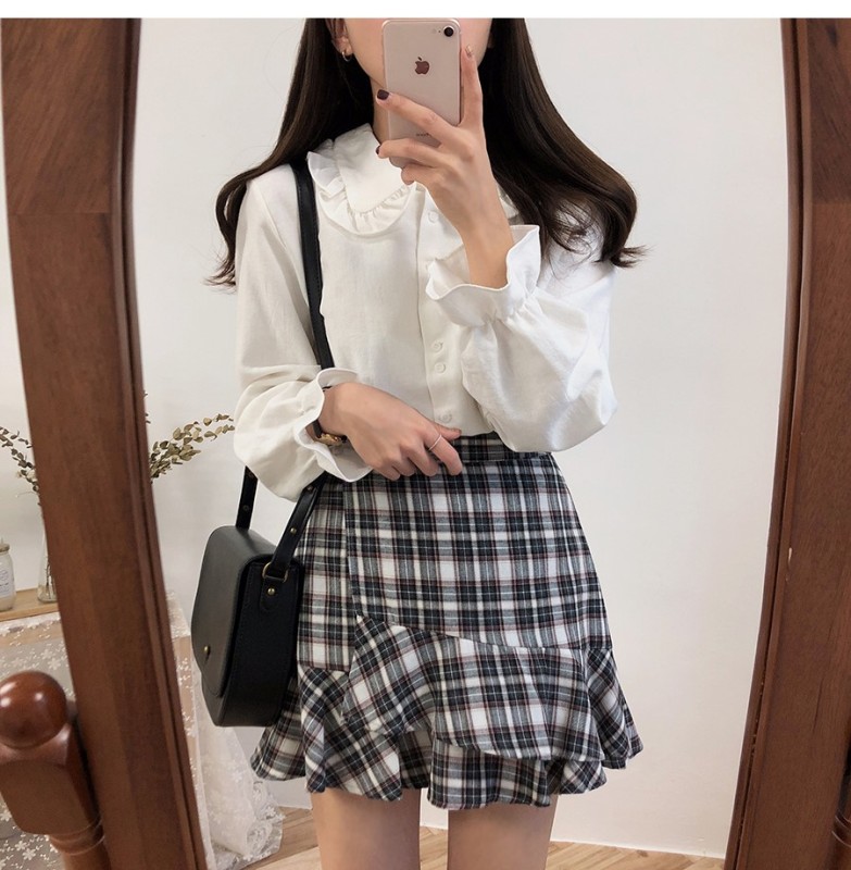 Korean style fungus-edged baby collar loose and versatile bottoming white long-sleeved shirt