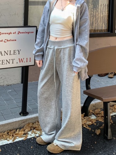 Drawstring solid color wide-leg pants for women, loose high-waisted pants, fall casual pants, floor-length pants