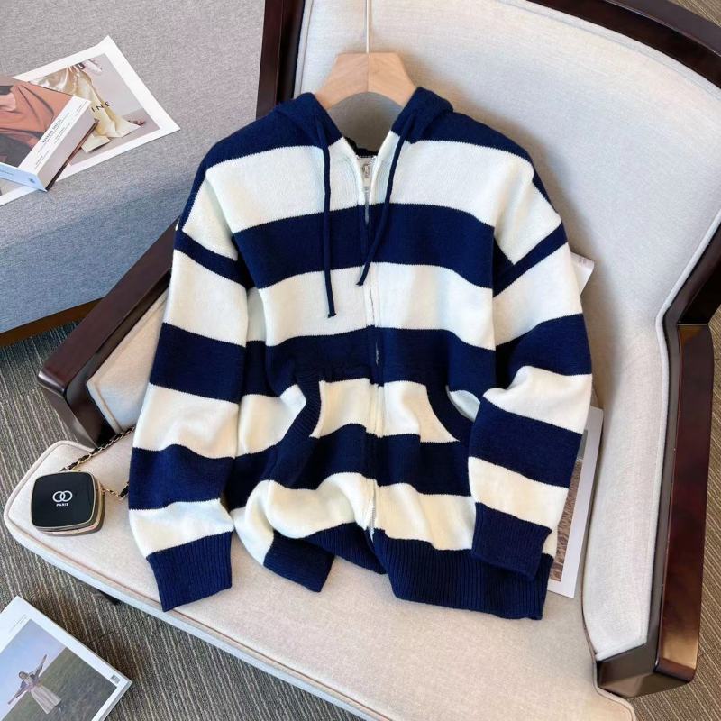 Fashionable hooded knitted cardigan for women in autumn new black and white striped sweater coat small lazy style outer top