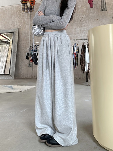 Lazy style gray casual pants, autumn sweatpants, women's high-waisted straight pants, wide-leg pants, long trousers, drapey floor-length pants