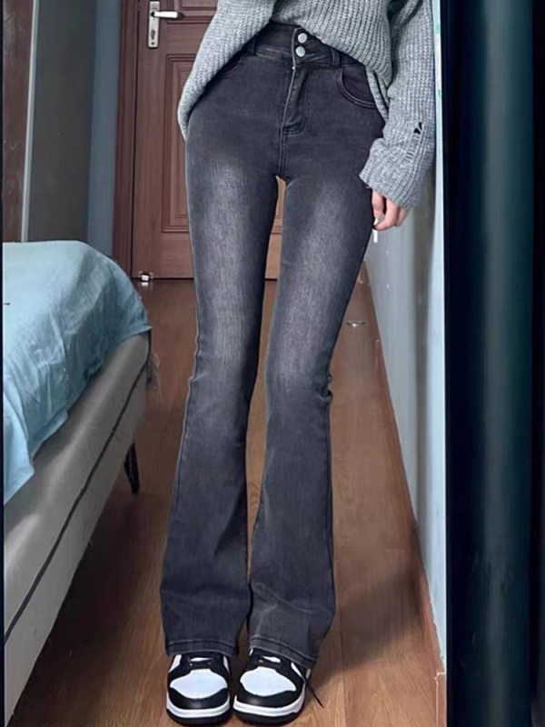American retro jeans for women in autumn and winter, Korean retro boot-cut pants, high-waisted slimming elastic petite bell-bottom pants