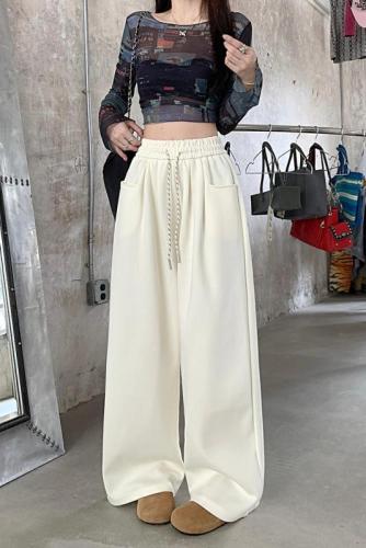 Lazy style gray casual pants, autumn sweatpants, women's high-waisted straight pants, wide-leg pants, long trousers, drapey floor-length pants