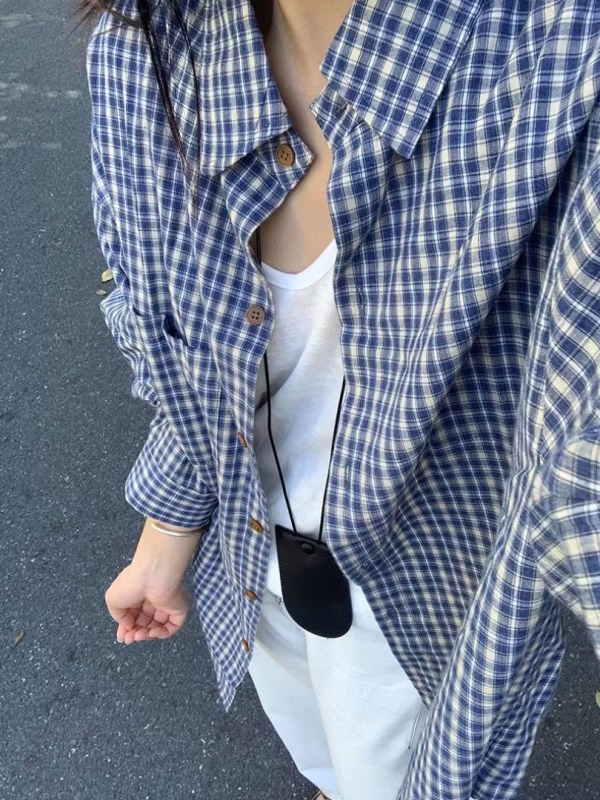 2024 new retro blue plaid shirt women's loose casual versatile shirt trend