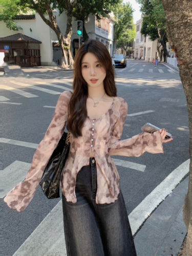 Real shot!  Temperament v-neck smudged slimming long-sleeved versatile top women's single-breasted ruffled chiffon shirt